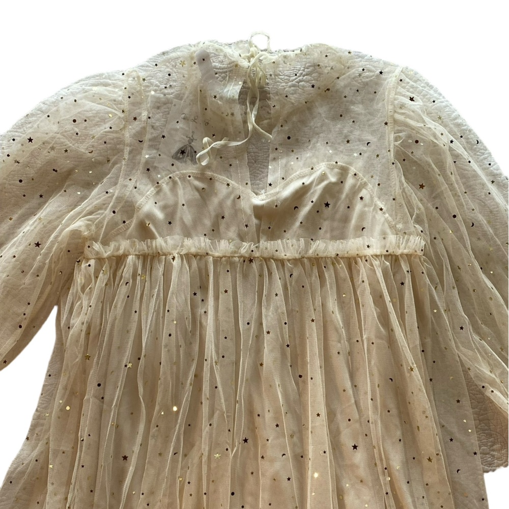 Stunning Whimsical Cream Gold Star Sheer Lined Long Sleeves Dress New Condition! - Picture 4 of 14